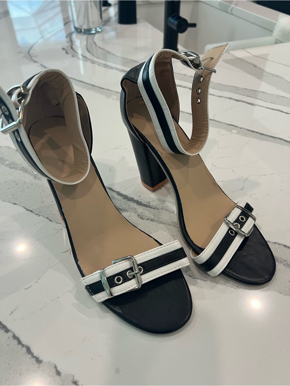 Black & White Ankle Strap Block Heel Sandals